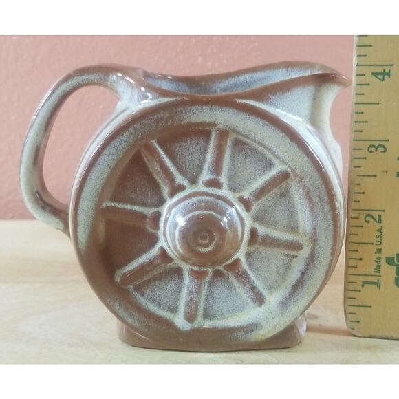 Frankoma Wagon Wheel Pitcher - Vintage Small 4"x5"x2" - Brown/Tan/Gold - Picture 11 of 13
